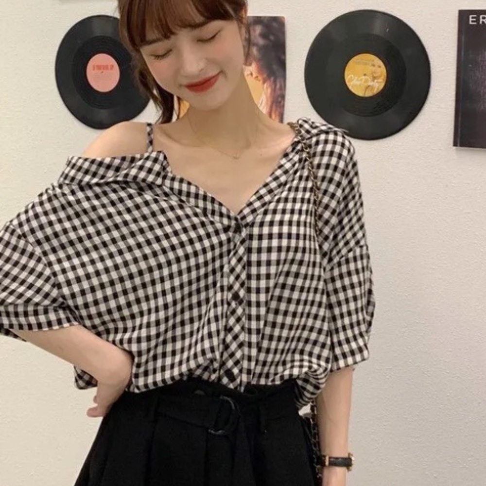Gingham asymmetrical top